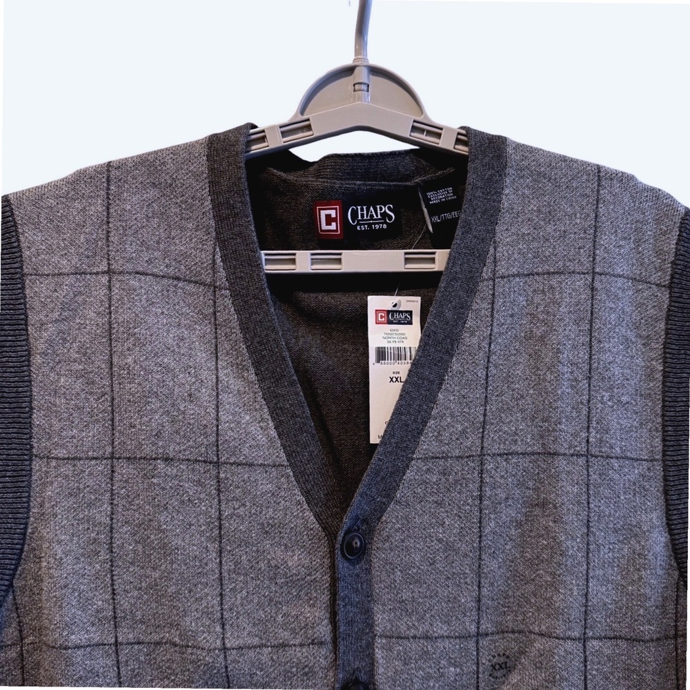 Chaps Mens XXLarge V Neck Plaid Button‎ Front Sweater Vest Cotton Black Heather